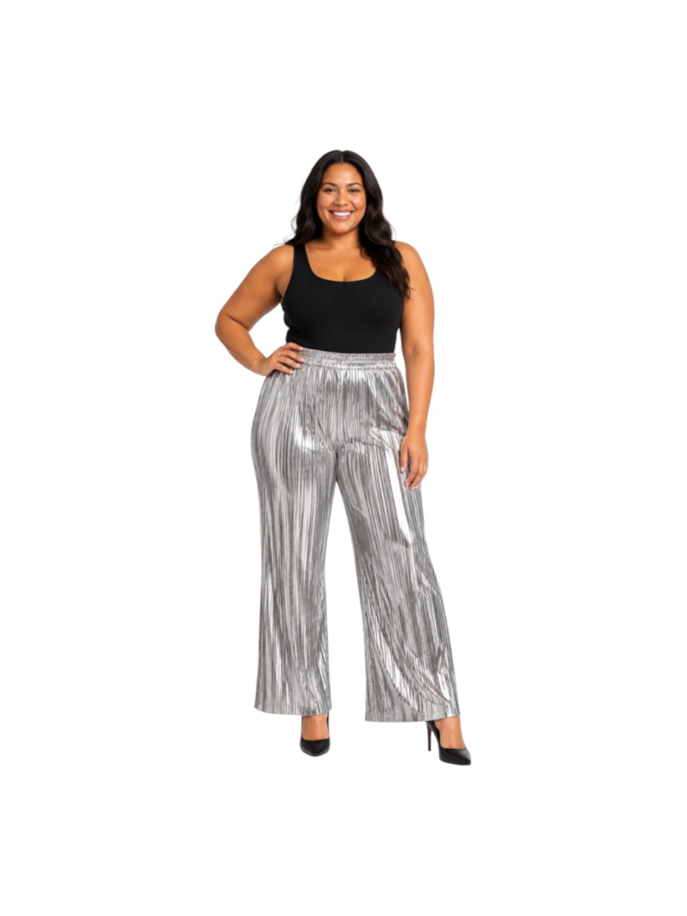 Heipeiwa NWT Metallic Silver Pleated Wide Leg Pants Size XL